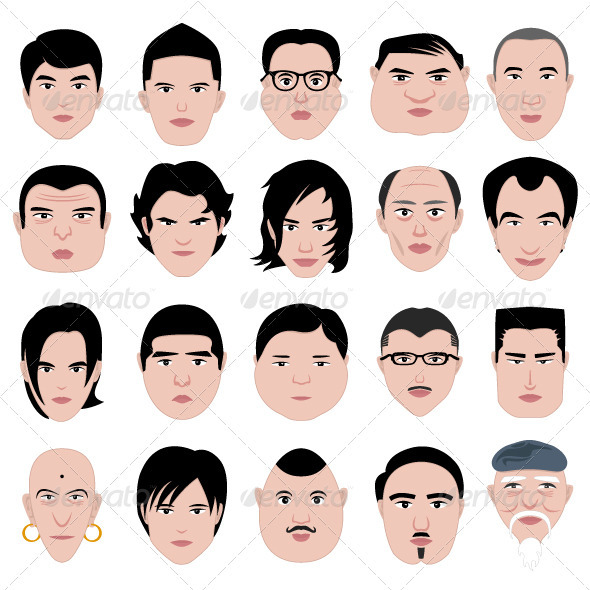 Man face head shape hairstyle round fat thin old - Characters Vectors