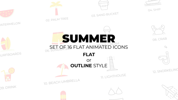 Summer - Set of 16 Animated Icons Flat or Outline style