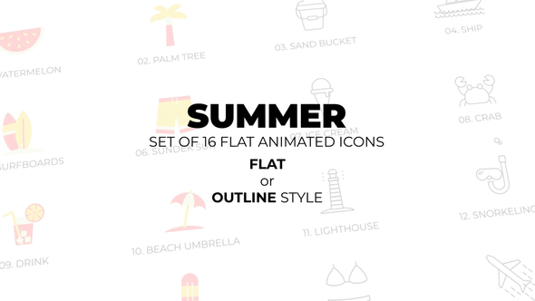 Summer - Set of 16 Animated Icons Flat or Outline style Elements template preview