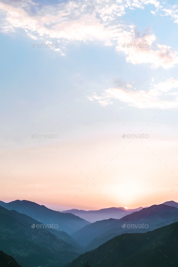 Sunset in the mountains. Eco travel, banner travel, wellness travel,slow travel, view, background