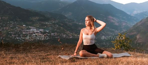 Yoga mountains.Retreat,meditation wellness.Fit nature,fitness, yoga,meditative breathing practices.M