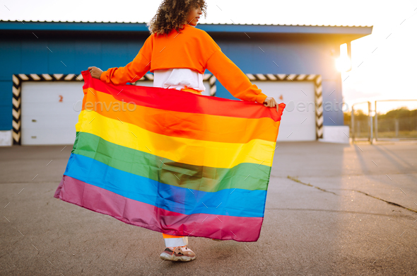 African Lesbian Woman Holding Lgbt Rainbow Flag Concept Of Happiness Love For Same Sex Couples 