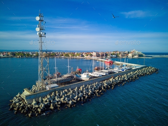 Radar station located in a sea port in the Black Sea of Pomorie with a embankment