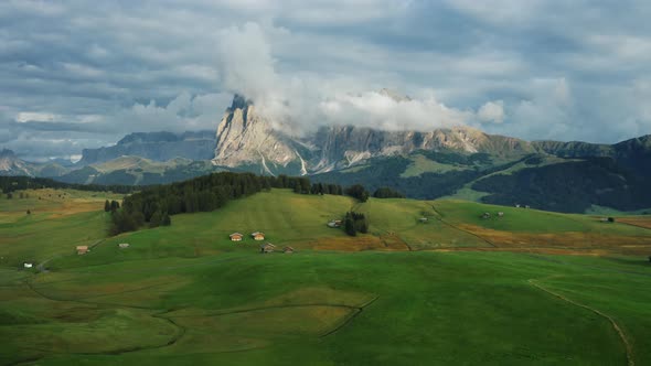 Alpe Di Suisi Dolomites Italy Aerial Drone View of Alpine Meadow at Idyllic Seiser Alm Valley with