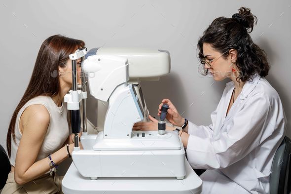 Patient undergoing an eye examination with an ophthalmologist using a specialized diagnostic device.
