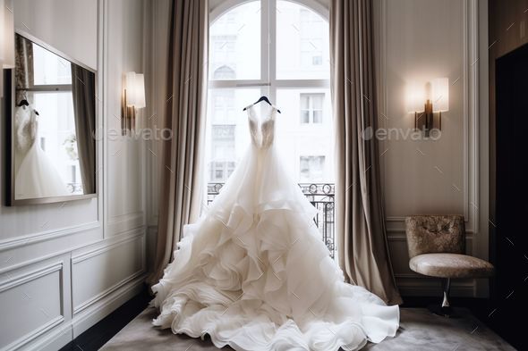 White wedding dress displayed on a hanger in the room of a luxurious hotel