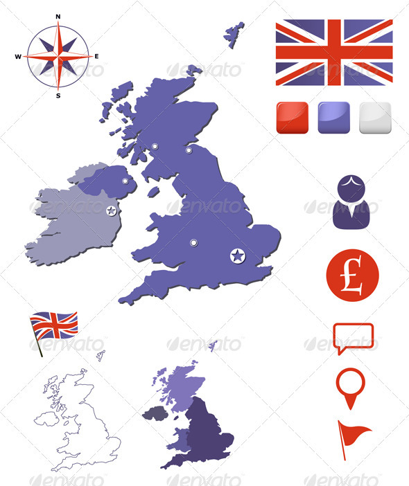United Kingdom Map And Icons Set - Web Elements Vectors