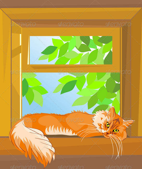 Vector red  tabby cat  lying on the windowsill