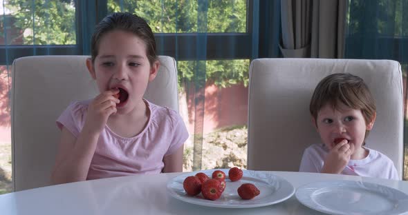 Cute Children Eating Fresh Ripe Strawberries at Home