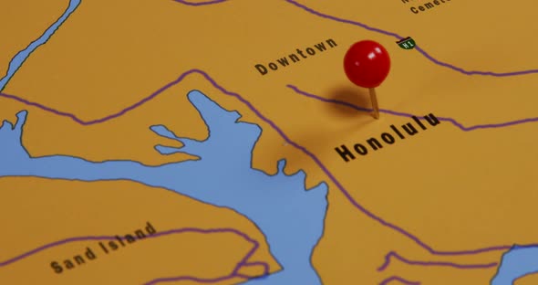 Red Pushpin on a Map of Honolulu USA 02