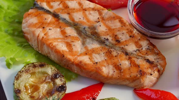 Grilled Salmon Fish Steak Served with Vegetables Seafood Concept alt