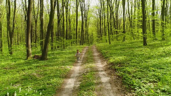 A Little Ukrainian Boy Runs on a Forest Path in the Spring Forest