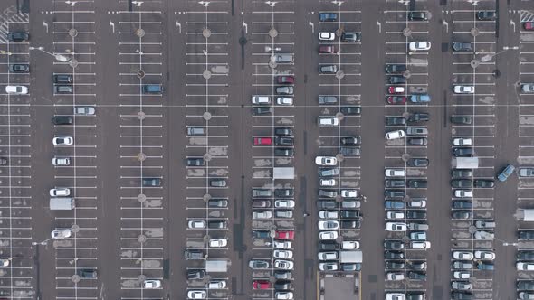 AERIAL: Crowded Parking Lot with Standing Automobiles
