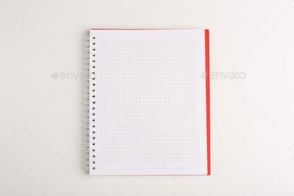 top view open copybook on white desk school learning study pen notepad
