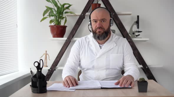 A Professional Bearded Bald Male Doctor of Caucasian Descent in a White Medical Uniform is Talking alt