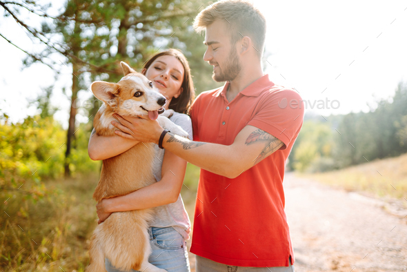 Couple together with beloved pet on walk on sunny day. Together with their corgi dog have together.