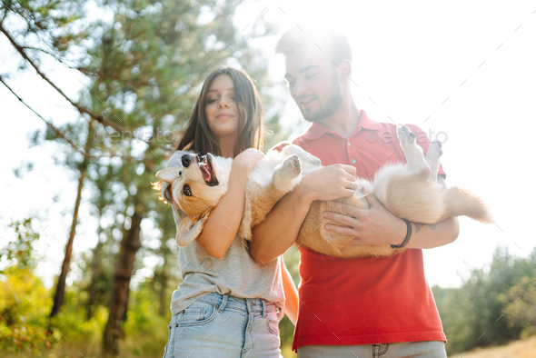 Couple together with beloved pet on walk on sunny day. Together with their corgi dog have together.