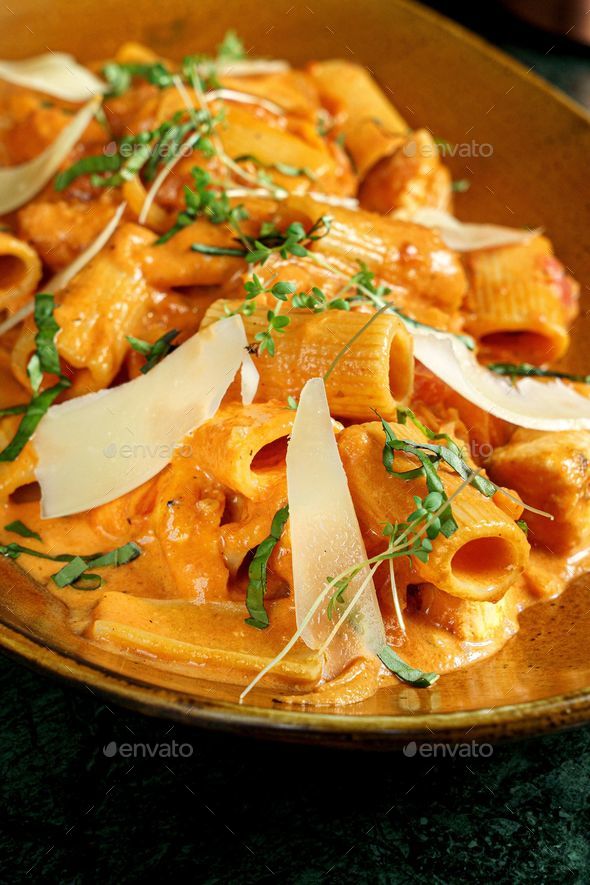Plate filled with delicious Rigatoni pasta with salmon and cheese