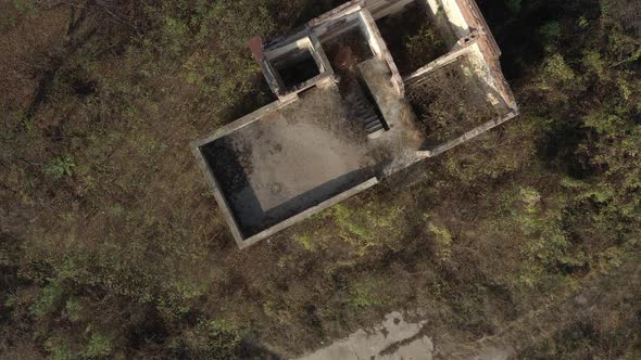 Ruins of abandoned building from above aerial 4K video alt