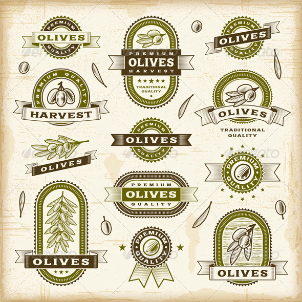 Vintage Olive Labels Set - Decorative Symbols Decorative