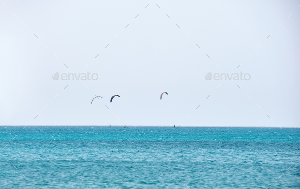 People sportsmen windsurfing and kite surfing in blue ocean water.