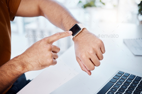 Time check, work and hands of a man with a watch for a notification, reading information or email.