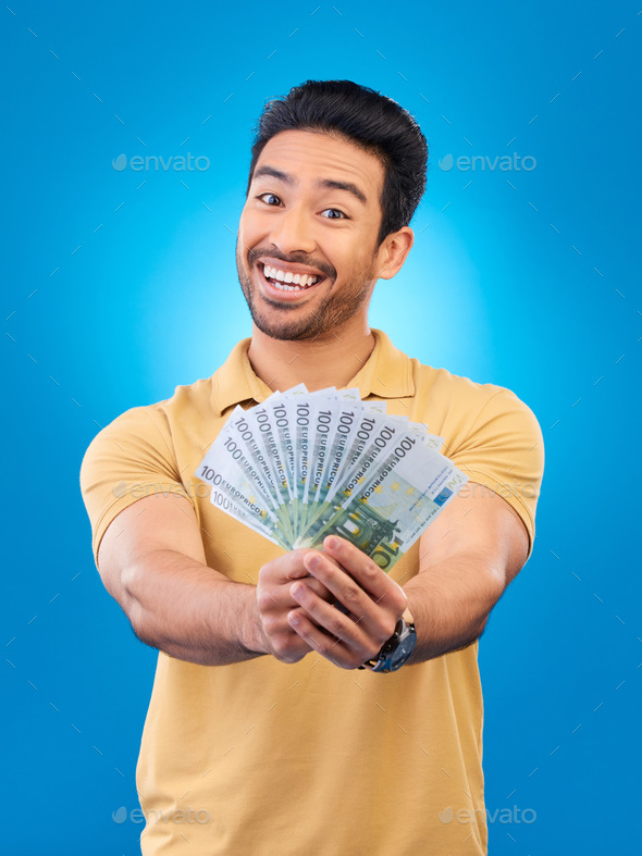 Cash, portrait and happy man or winner for bonus offer, financial success and winning, finance loan