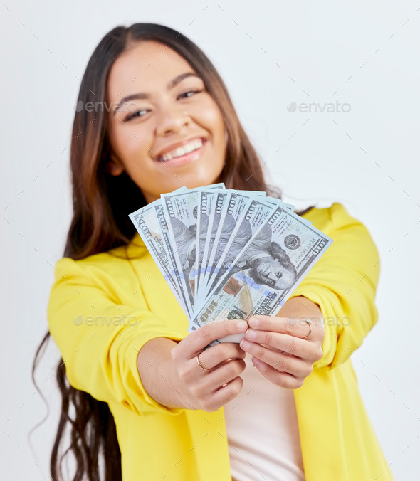 Money, studio portrait or happy woman, business trader or person show cash dollar prize, competitio
