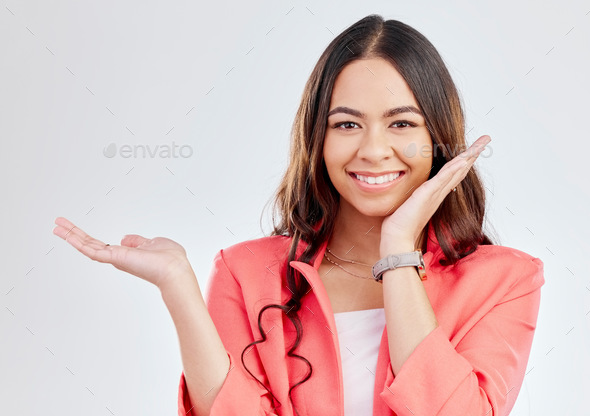 Fashion, portrait or hand of happy woman for sale, retail product offer or discount deal in studio.