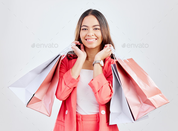 Fashion, portrait or happy woman with shopping bags for retail sale, product offer or discount deal