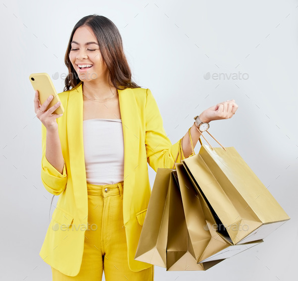Fashion, phone or woman on social media with shopping bags for retail sale, product offer or discou