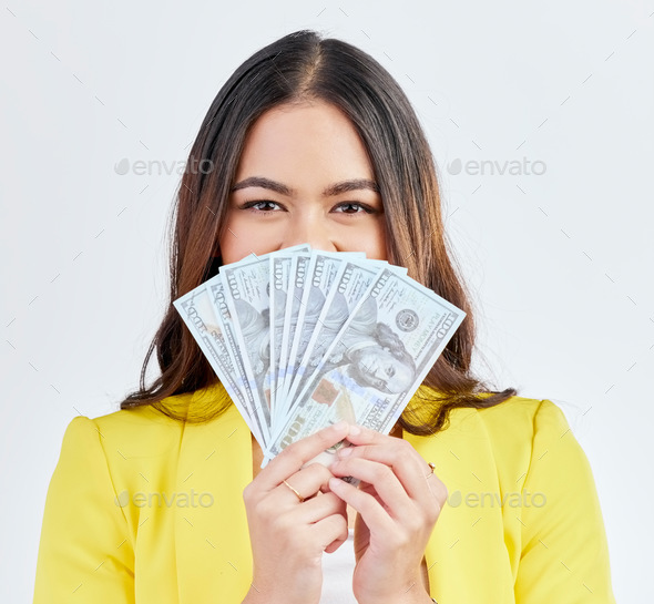 Money, hidden portrait and professional woman with cash dollar prize, finance competition win or gi