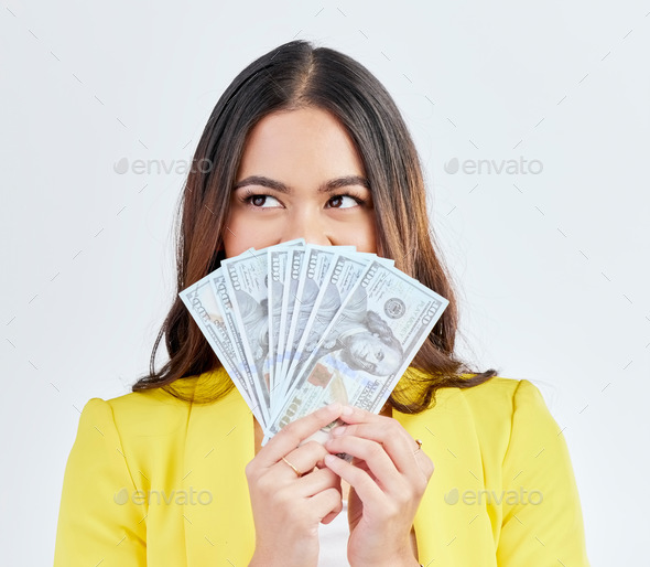 Money, hidden face or professional woman with cash dollar bills, competition award or giveaway. Stu