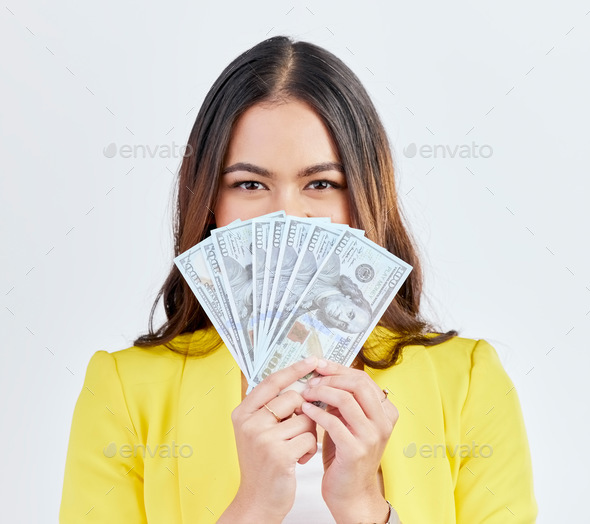 Money portrait, hide or business woman with cash dollar bills, competition reward or bonus salary p