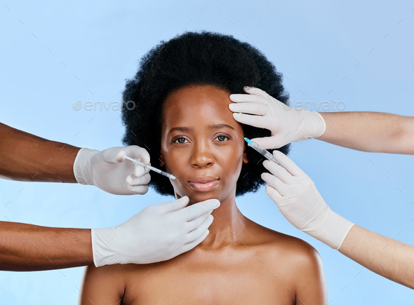 Black woman, facial injection and beauty in portrait, cosmetic procedure, lip filler and dermatolog