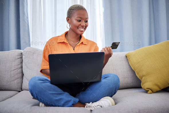 Laptop, ecommerce or happy black woman with credit card for digital product with discount code. Dea