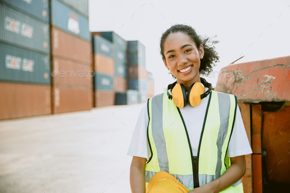Portrait African Young Teen Black Girl Worker Work as Port Cargo Shipping Staff Happy Smile.