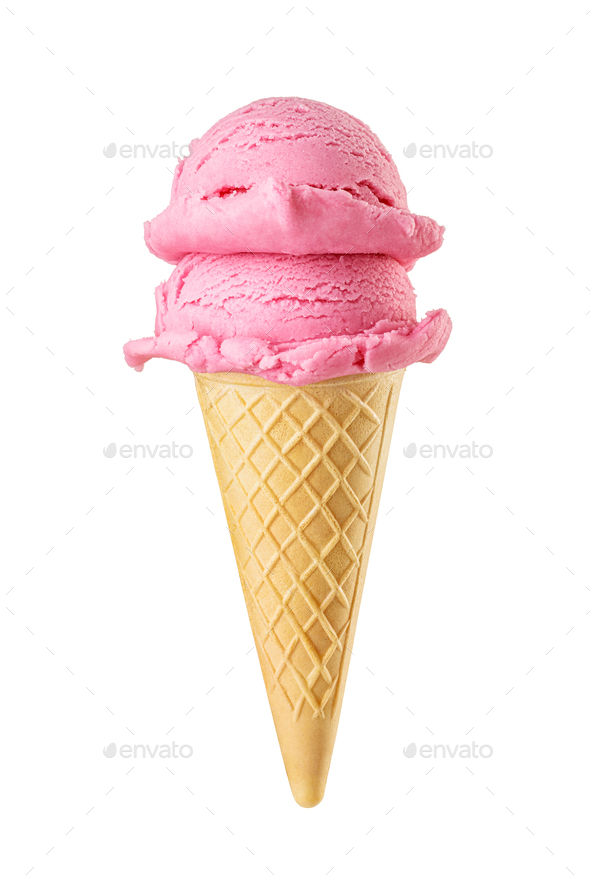Strawberry ice cream scoop from top or top view isolated on white