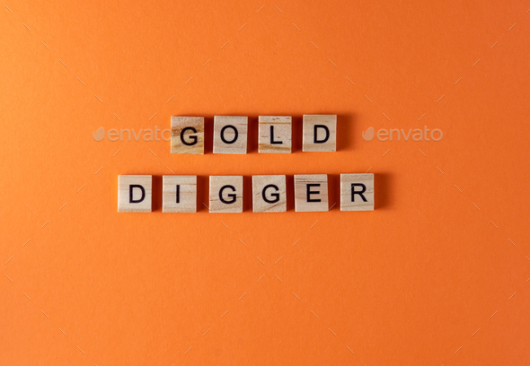 Gold digger word phrase in wooden letters. Motivation and slogan. Orange background