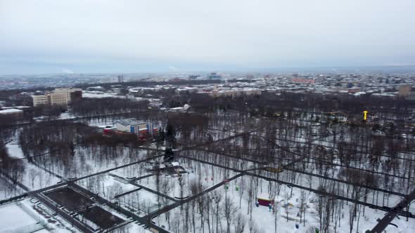 Aerial winter view on snowy Central Park, Kharkiv