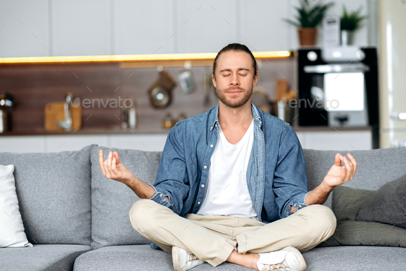 man guy freelancer stylish caucasian meditation lotus position harmony