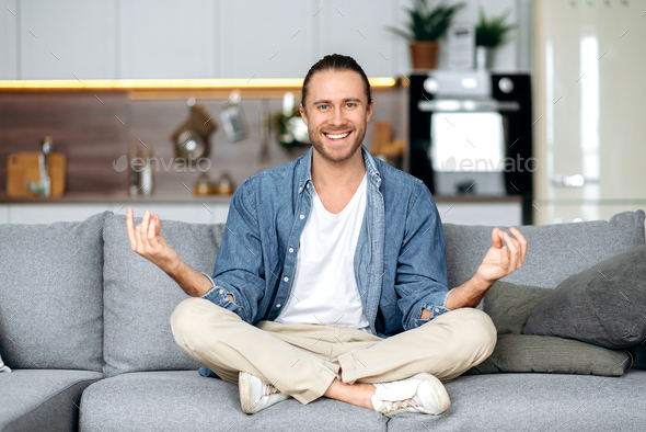 man guy freelancer stylish caucasian meditation lotus position harmony