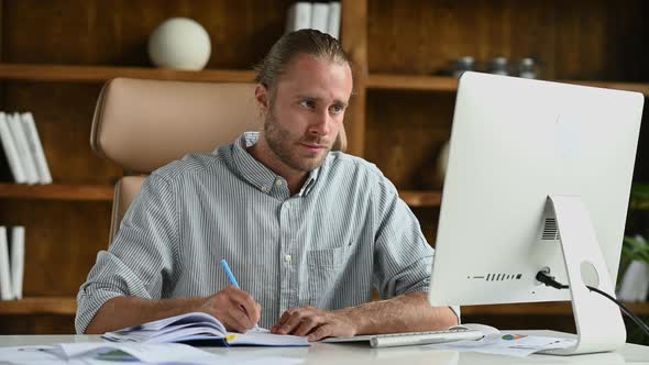 Focused Attractive Successful Caucasian Businessman Company Ceo Financial Advisor or Broker Sits at alt