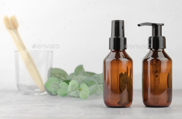 Cosmetic bottles with pump and spray. Natural organic cosmetics for personal hygiene