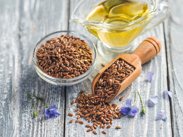 Flax seeds and flaxseed oil with copy space