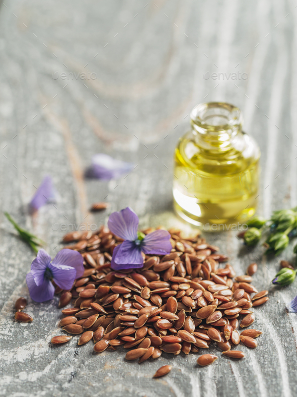 Flax seeds and flaxseed oil with copy space