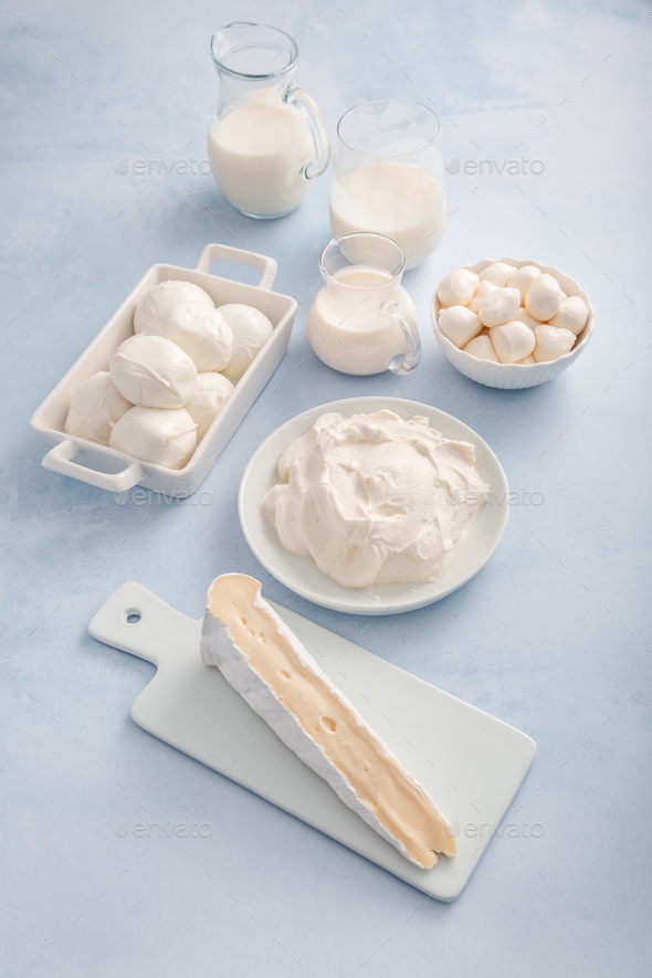 Assortment of milk products buttermilk, kefir, yogurt with probiotics