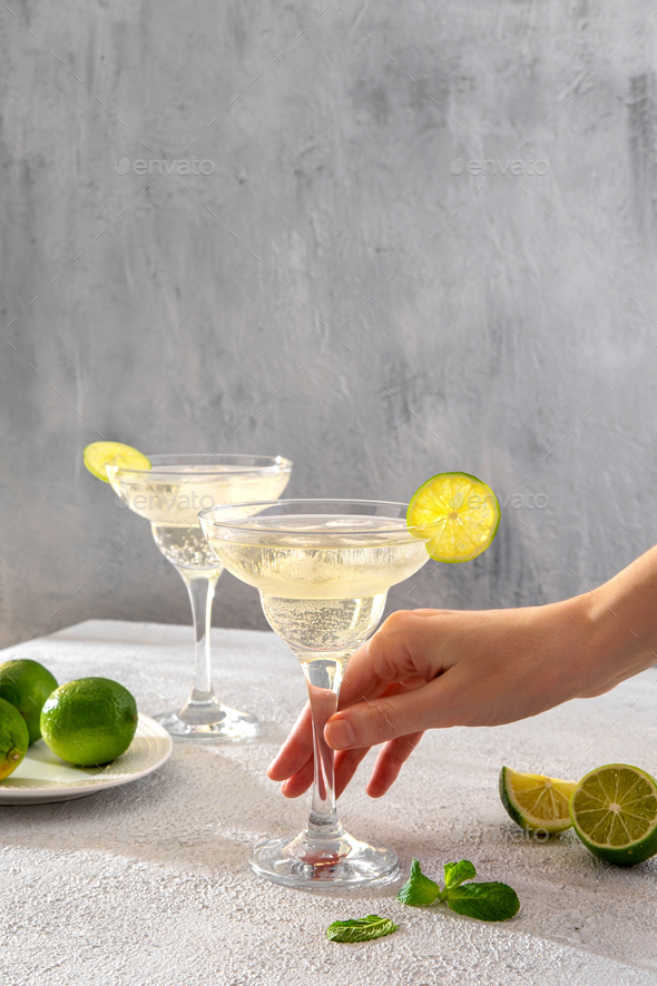 Margarita cocktail with lime and mint. Classic Margarita or Daiquiry Cocktail.