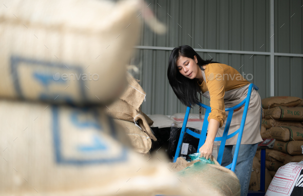 Young asian beautiful woman in coffee green bean bag factory,
