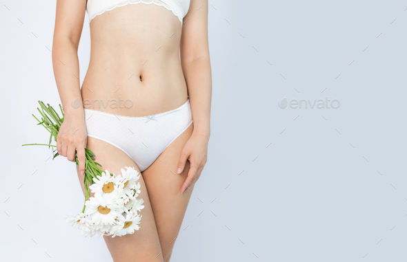 Beautiful Slim Woman Underwear Posing Isolated Grey Stock Photo